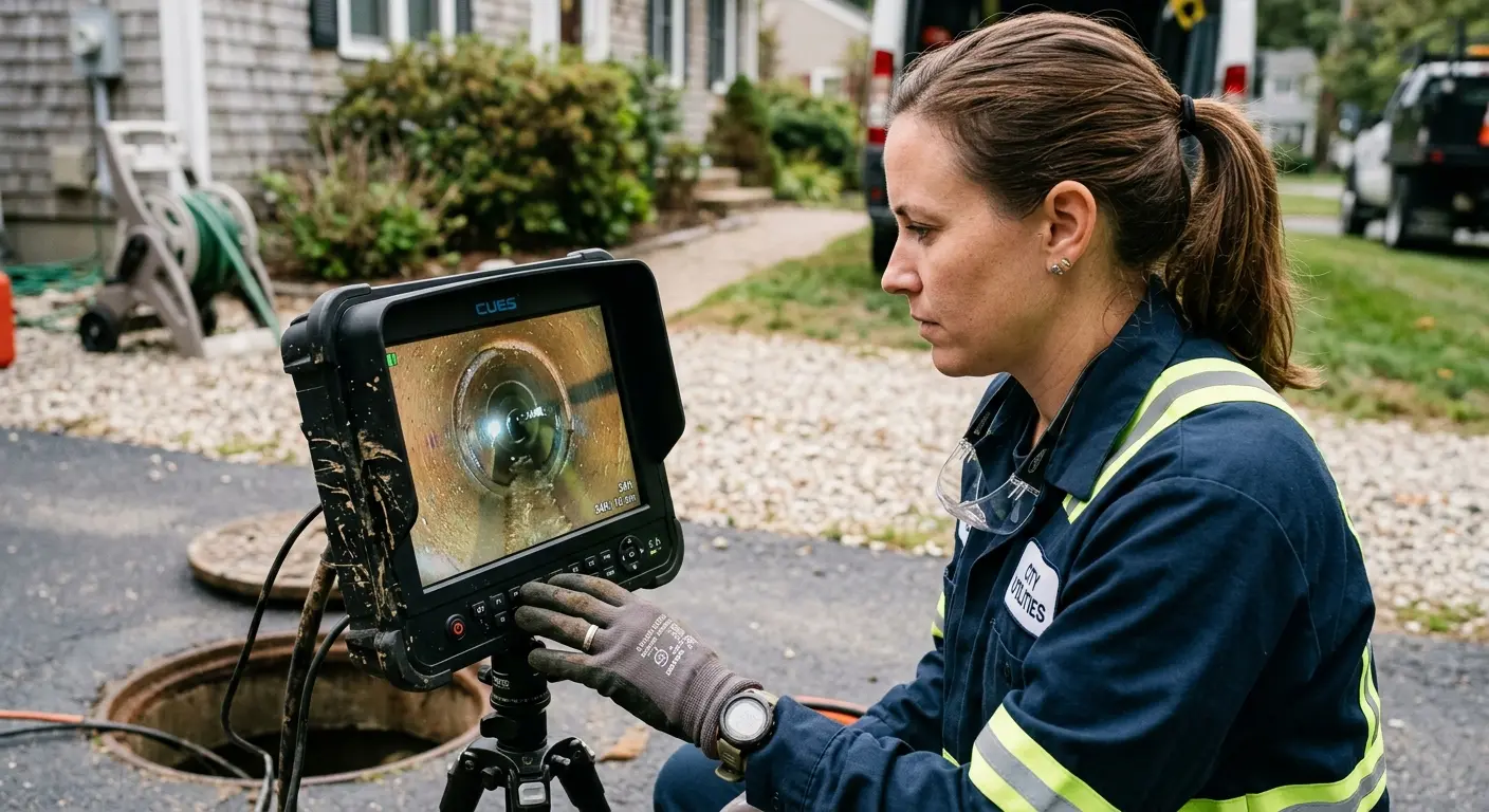 Technician reviewing sewer camera inspection footage in Roswell