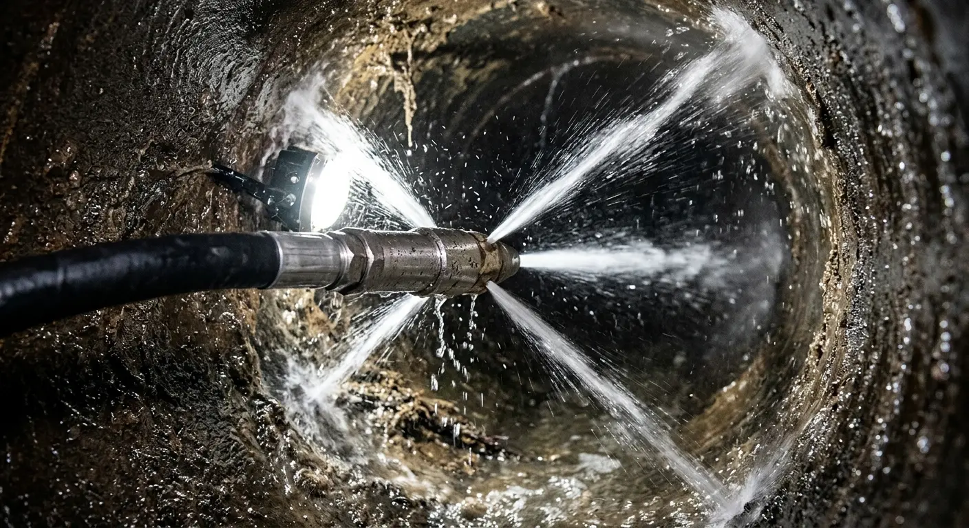 High-pressure hydro jetting nozzle cleaning sewer pipe for Emergency Drain Service in Roswell