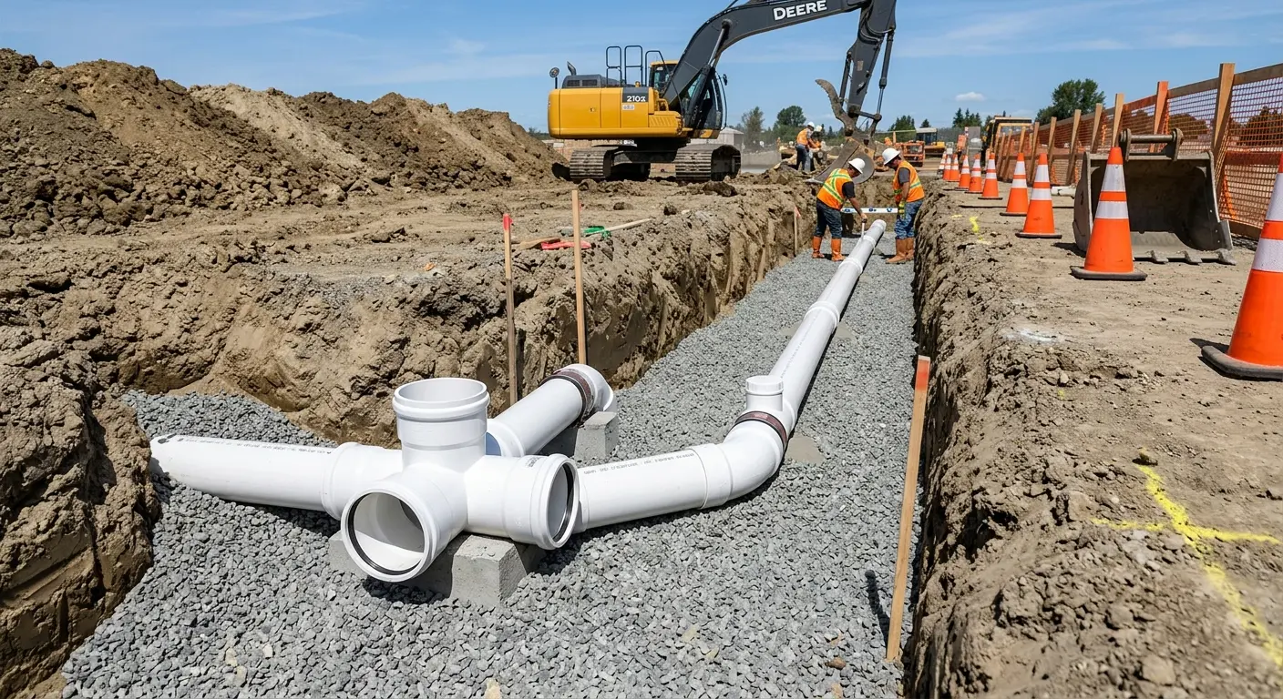 New PVC sewer pipe installation in open trench for Commercial Drain Cleaning in Roswell